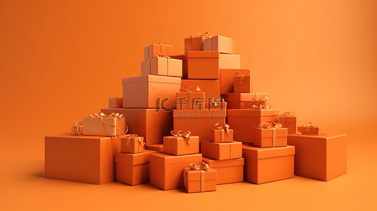 橙色主题的商业设计与 3d 渲染堆栈的礼品盒