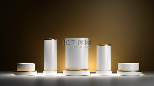 抽象灯点亮讲台逼真的 3D 白色和金色圆柱体支架