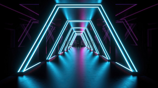荧光 3d 渲染充满活力的抽象霓虹灯隧道，具有令人眼花缭乱的发光线和紫外线