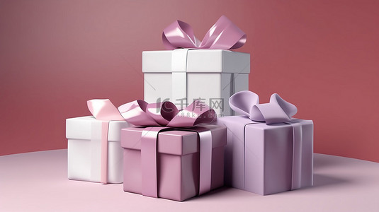 带有丝带蝴蝶结的柔和彩色礼盒 3d 渲染，用于派对促销和社交媒体