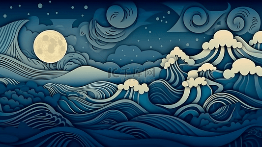 蓝色海水卡通背景图片_月亮大海波涛白色浪花开心