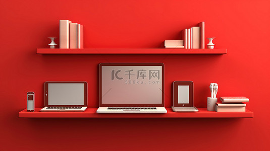 平板手机平板背景图片_红墙架与数字设备笔记本电脑智能手机平板电脑 3D 插图
