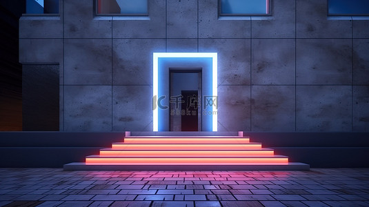 装饰着霓虹灯和石凳的外部阁楼建筑设计的 3D 渲染