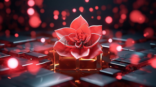 3d花草背景图片_发光几何形状中红花的 3D 渲染