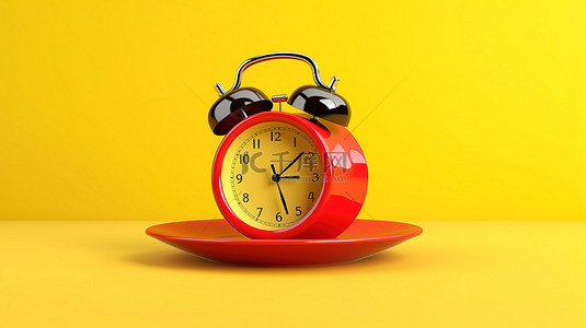 星期一叫醒红色闹钟，形状为黄色背景 3D 渲染上的一杯咖啡
