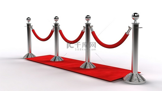 白色背景上孤立的红色天鹅绒地毯，带有银色支柱和两个绳索屏障 3d 渲染