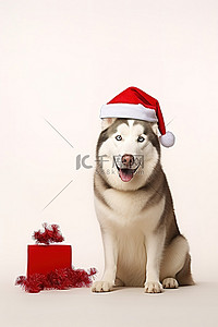 戴着圣诞帽的哈士奇狗
