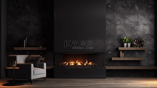 现代壁炉家具设计理念，采用时尚的黑色饰面引人注目的混凝土墙和照明 3D 效果渲染
