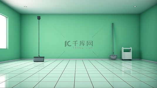 整洁的房间 3D 渲染现代空间，线条简洁，瓷砖地板上有绿色的墙壁