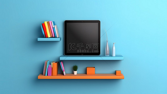 蓝电脑背景图片_蓝色墙架上带有数字平板电脑的方形背景横幅的 3D 插图