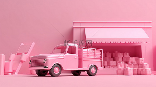 快递物流车背景图片_在线购物概念粉红色商店和卡车在粉红色背景下以 3d 呈现