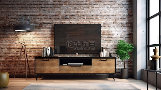 电视墙背景图片_现代 LED 电视和 3D 渲染生活空间中的砖砌阁楼墙