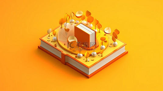 现代等距设计橙色背景与 3D 书籍说明教育概念