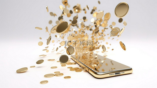 飞来钱背景图片_3D 渲染的黄金智能手机，硬币在白色背景上飞来飞去，通过手机在线商店