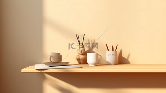 桌面空间背景图片_带有组织杯木雕像和桌面空间的简单学习桌的 3D 渲染