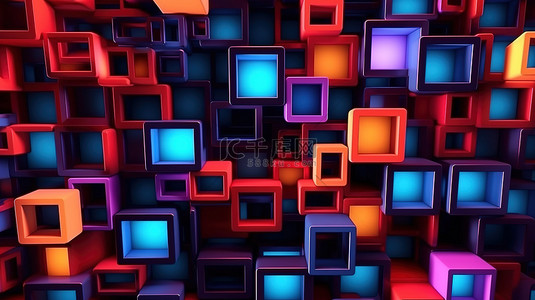 几何图案色彩背景图片_抽象背景混沌 3d 方形框架与霓虹灯几何图案