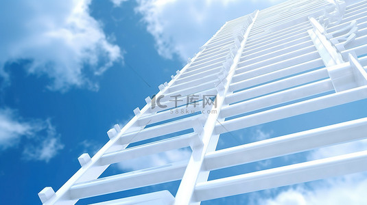 层次结构背景图片_提升业务层次结构 3D 渲染多个白色梯子在蓝天的衬托下