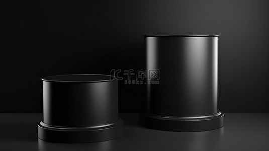 金色两个背景图片_两个光滑的黑色圆筒讲台的产品展示完美 3D 渲染
