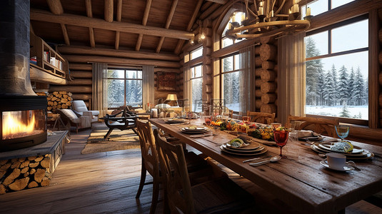 冬季仙境 3D 渲染小木屋，配有质朴的用餐区壁炉和厨房