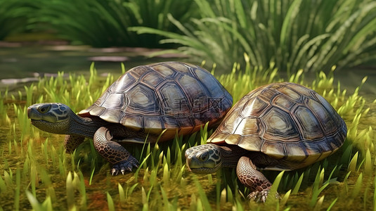 郁郁葱葱的 3D 渲染场景中的乌龟家族