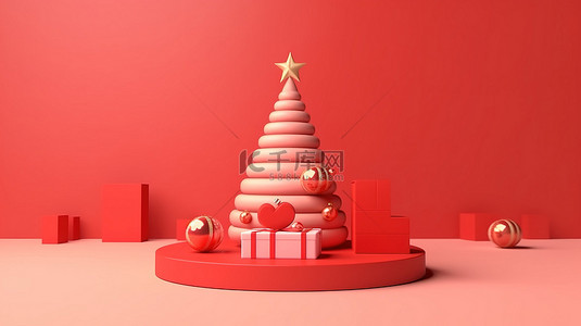 带红色背景松树和礼品盒的圣诞讲台的 3D 插图