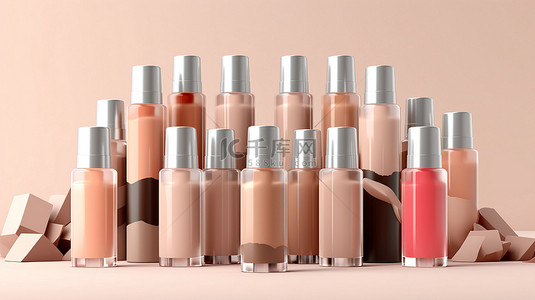 化妆粉底瓶和颜色背景与样品产品的 3D 插图