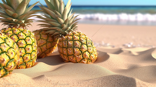 沙滩水夏天背景图片_沙滩上成熟新鲜的营养热带菠萝果实的特写 3D 渲染