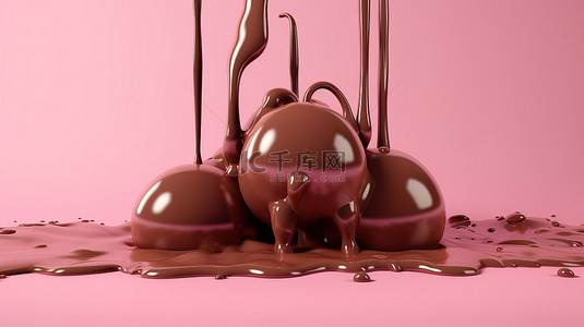 用于商业设计的粉红色背景上融化巧克力的卡通风格 3D 插图