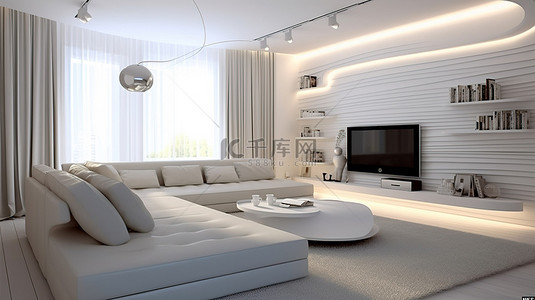 内置wifi背景图片_时尚的白色客厅配有内置电视存储空间宽敞的转角沙发和 3D 渲染的白色咖啡桌