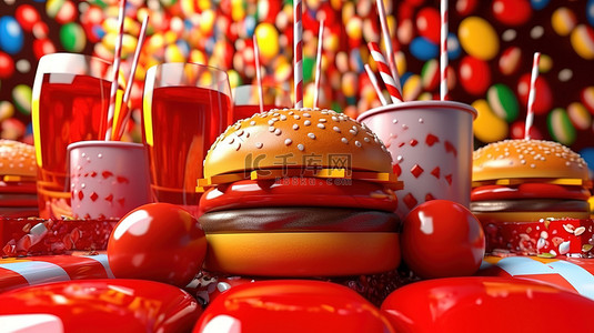 红色汉堡背景图片_色彩缤纷的球围绕着汉堡包热狗和软饮料，在充满活力的红色背景 3D 渲染中