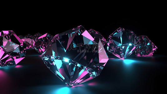3d 渲染中带有粉红色和蓝色 led 钻石发光的反光深色背景