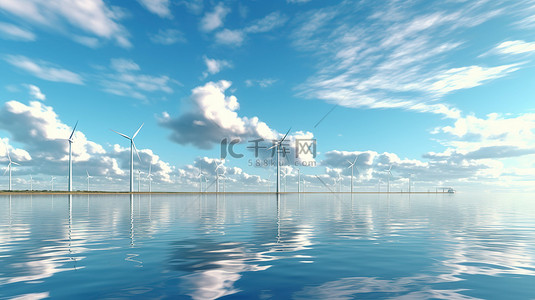 海上风力涡轮机在部分多云的平静午后天空中的 3D 渲染