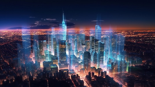 建筑平视图背景图片_全息视图中纽约市现代天际线的令人惊叹的 3D 渲染