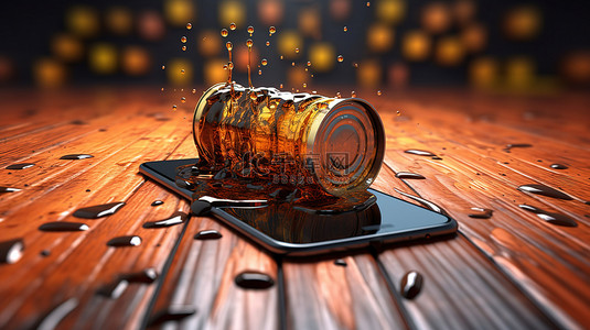 原油泄漏中的桶和智能手机石油工业的 3D 渲染