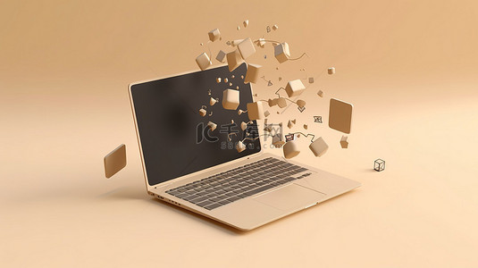 笔记本电脑图标背景图片_数字设备概念笔记本电脑，图标漂浮在 3D 米色背景上