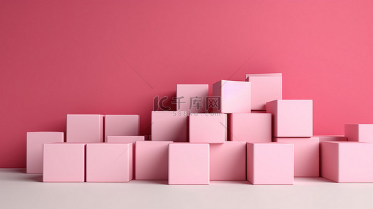 粉红色立方体盒在普通墙壁背景下的 3D 渲染