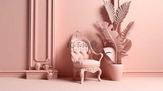 花卉轮廓背景图片_别致的讲台展示在腮红粉红色背景上，配有舒适的扶手椅花卉布置和棕榈叶轮廓