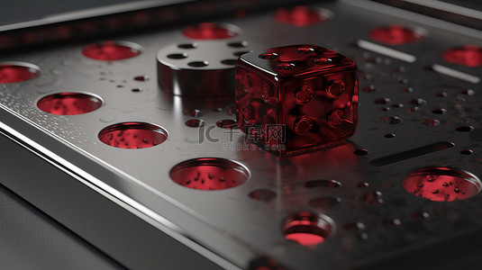 带红色骰子的金属板在灰色背景的 3D 插图中特写