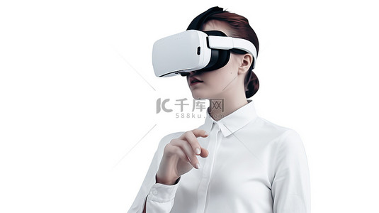 女性员工背景图片_配备虚拟现实的女性员工在白色背景的 3D 渲染中分析网络行业