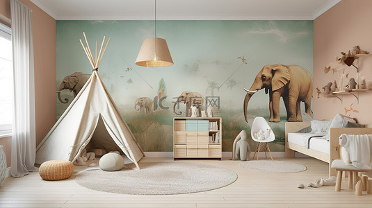 游戏海报背景图片_装饰儿童卧室内部的 3D 渲染海报