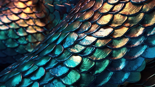 受海洋启发的美人鱼鱼龙和爬行动物鳞片的 3D 渲染