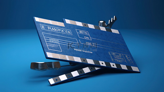 摄影蓝色背景图片_用于电影制作的蓝色背景上的 3D 渲染拍板