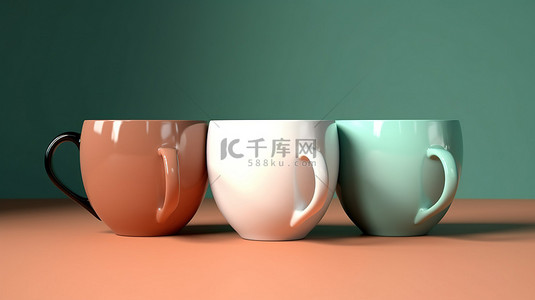 拿铁茶背景图片_3D 渲染中的陶瓷杯在充满活力的彩色背景上