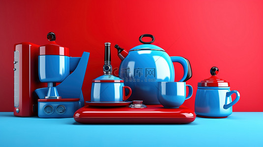 红色背景与蓝色厨房配件套装的 3D 渲染