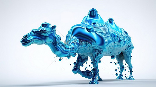 彩色时尚几何背景图片_悬浮在空气中的抽象骆驼形蓝色液体的 3D 渲染