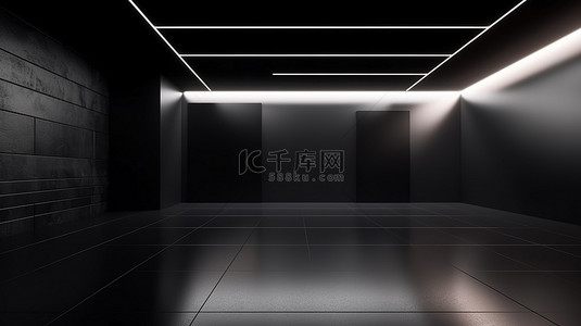 设计未来背景图片_时尚的现代展厅设计未来派建筑，配有深色地板和 3D 渲染中的黑色墙壁