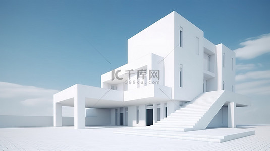 房子格局背景图片_3d 渲染中天空晴朗的简约白色建筑