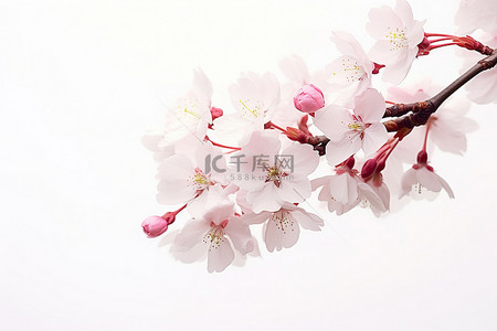 春天粉色樱花背景图片_白色背景下矗立着粉红色花朵的树枝