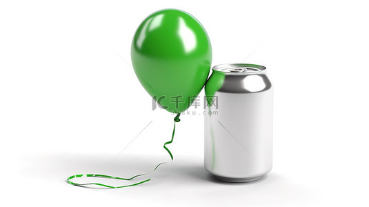 可回收铝罐由绿色氦气球浮起，白色背景上装饰有回收符号，使用 3D 建模软件创建