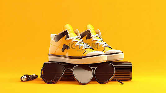 充满活力的黄色背景上的复古灵感配件包括时髦运动鞋黑胶唱片音频和视频盒以及 3D 眼镜